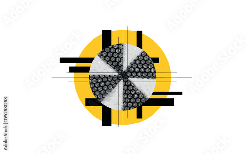 monochrome abstract arrangement of bubble wrap forming circular pattern, oversized yellow circular halo and black abstract bars framing composition, subtle