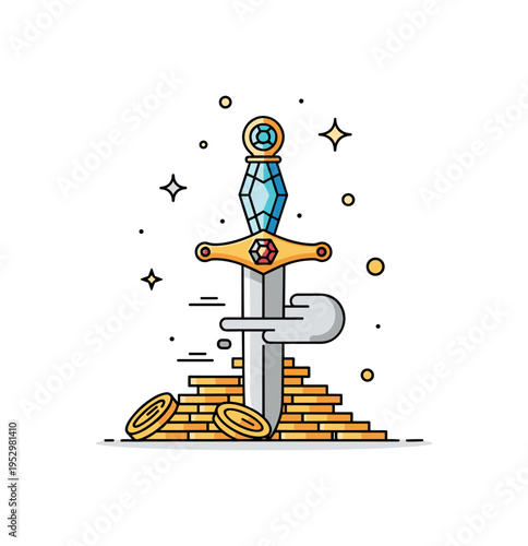 Jeweled dagger embedded in a pile of coins with a small shadowy mist curling around the blade. The scene reflects betrayal, danger, and treasure tied to dark