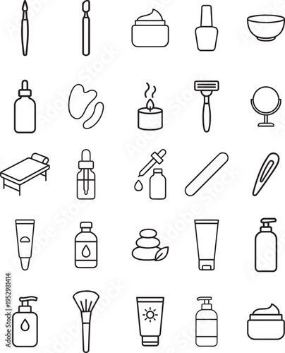 Beauty vector icon set, brush, spatula, cream, nail polish, bowl, serum, gua sha, candle, razor, mirror, spa bed, dropper, nail file, tweezers, tube, oil, spa stones, pump, sunscreen