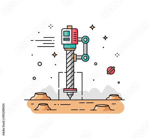 Robotic drilling mission on the lunar surface depicted by a vertical drill module anchored into the ground with subtle motion lines and crater details. The