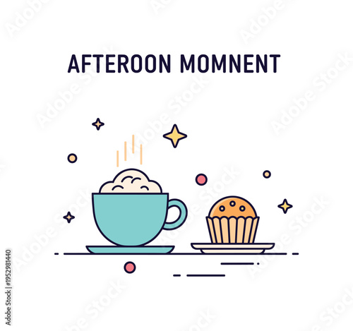 Afternoon coffee moment simple cup with soft foam art and a small muffin resting on a plate, conveying calm pause during a busy day. Minimalist flat vector