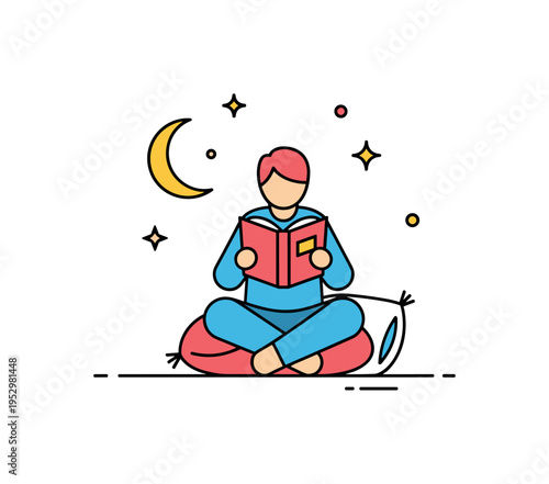 Person reading bedtime routine scene showing a simplified figure sitting on a soft cushion with a crescent moon and small sparkles nearby. A gentle visual