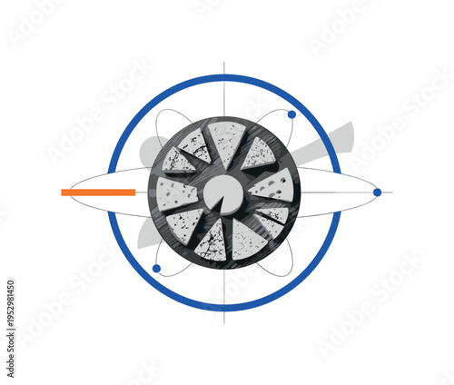 Black and white round wooden board with cheeses arranged in a radial pattern, bold blue circular frame enclosing the platter and orange horizontal equal bar