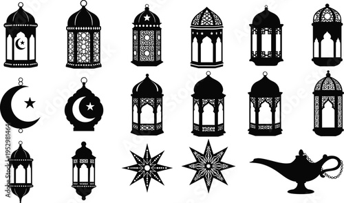 Set of Fifteen Detailed Black Mosque Silhouettes Featuring Diverse Dome and Minaret Architectural Designs for Ramadan Kareem and Eid Mubarak Religious Festival Graphic Design Projects