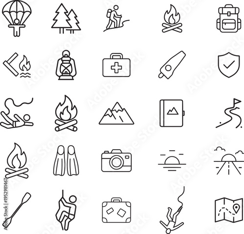Adventure vector icon set, skydiver, trees, hiker, campfire, backpack, first aid, knife, swimmer, mountains, notebook, path, fins, camera, sunset, paddle, climber, suitcase, bungee, map