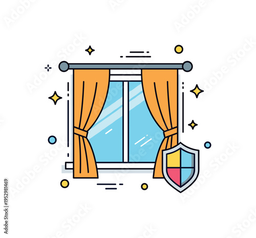 Home privacy protection illustration built around a window frame with curtains fully drawn and a subtle shield icon nearby, symbolizing safety, discretion, and