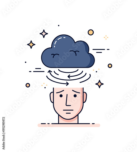 Stress rumination cloud dark thought cloud rotating above a neutral face with subtle motion lines, conveying ongoing internal tension and circular worry.