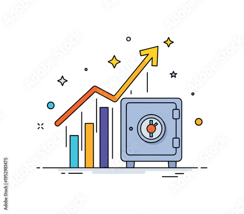 Pension fund growth concept featuring an upward trending line graph emerging from a secure vault icon, expressing disciplined investing and future income