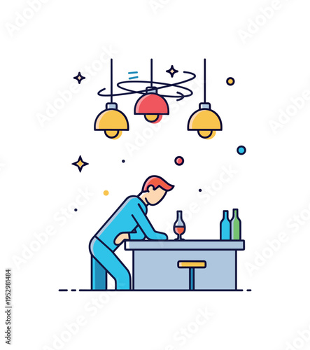 Alcohol induced dizziness silhouette of a guest leaning on a bar counter with gently duplicated outlines of hanging lamps above, expressing imbalance and