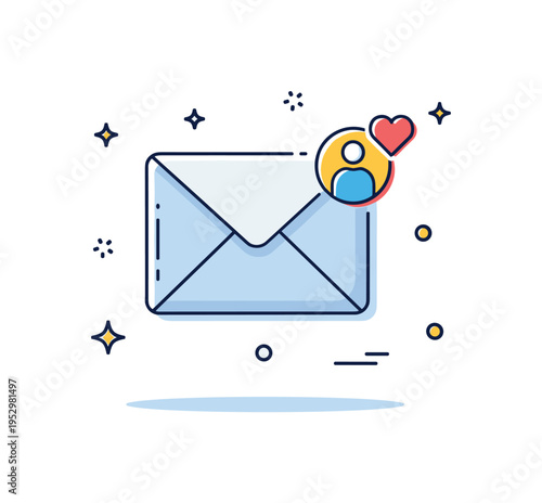 Email personalization approach illustrated by a message icon with a small user avatar badge and heart accent suggesting tailored content. A friendly metaphor