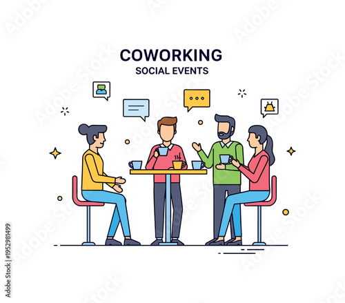Coworking social events and meetups vibrant shared workspace scene with small group of professionals chatting around a high table with coffee cups and subtle