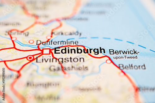 Macro road map detail highlighting Edinburgh and Livingston Scotland.