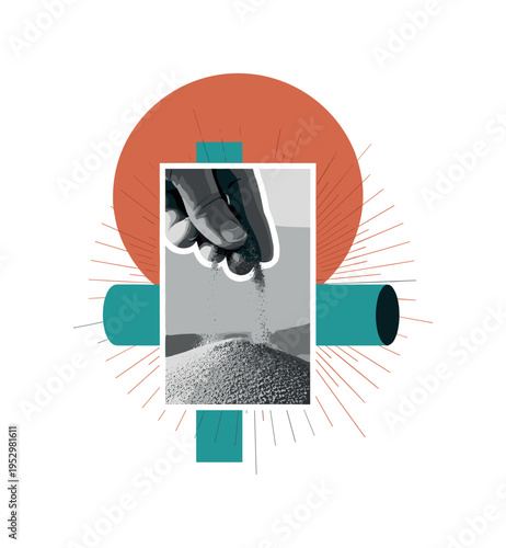 Monochrome close-up of sand slipping slowly through fingers, white outline creating sticker effect, large terracotta abstract circle partially overlapping the