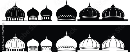 Set of Fifteen Detailed Black Mosque Silhouettes Featuring Diverse Dome and Minaret Architectural Designs for Ramadan Kareem and Eid Mubarak Religious Festival Graphic Projects