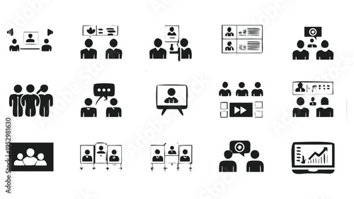 Various icons depicting different methods of online and in-person team collaboration and presentations
