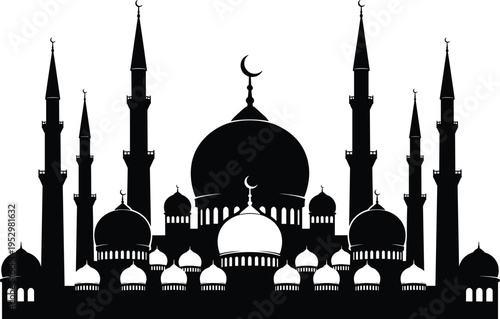Set of Fifteen Detailed Black Mosque Silhouettes Featuring Diverse Dome and Minaret Architectural Designs for Ramadan Kareem and Eid Mubarak Religious Festival Graphic Projects