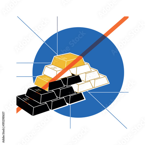 Black and white gold bar stacked diagonally with sharp edges, bold blue circular backdrop partially cropped by frame edge, orange diagonal bar
