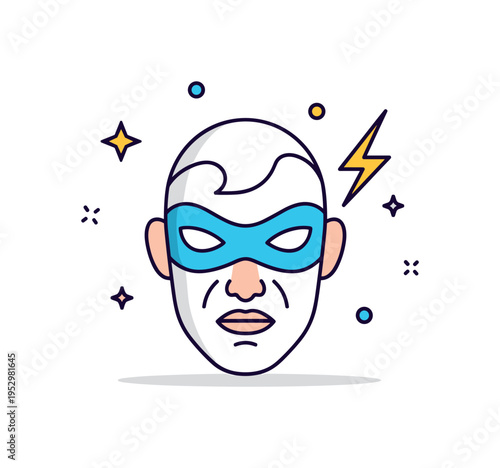 Comic book villain icon featuring a stylized masked face and subtle lightning bolt accent, symbolizing dramatic storytelling and fictional conflict. Clean