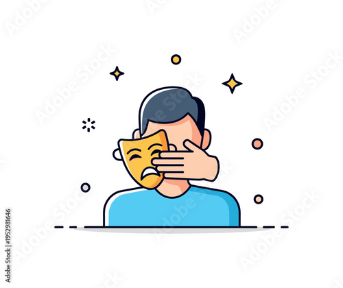 Concealed identity concept illustrated by a user silhouette partially hidden behind a small theatrical mask icon. The scene reflects secrecy, altered persona,