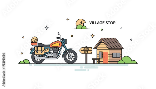 Remote village stop motorcycle parked near a small cabin with travel bags attached and a tiny sign saying Local Life, representing cultural discovery and slow