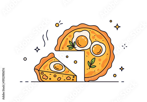 Italian style frittata dish centered on a neatly cut wedge placed beside a whole round egg pie, symbolizing hearty brunch and shared meals. Subtle herb accents