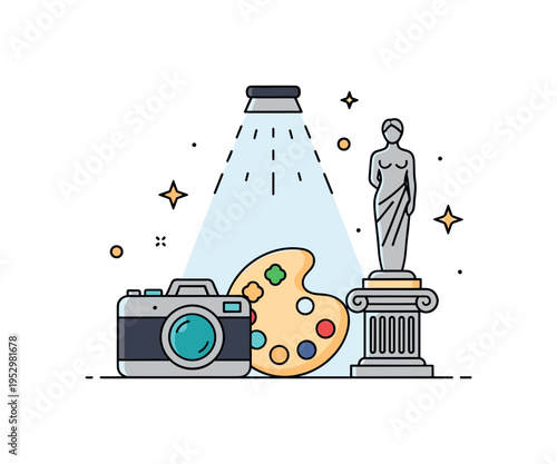 Professional artist milestone scene showing a spotlight subtly illuminating a camera, paint palette, and pedestal sculpture together, symbolizing recognition