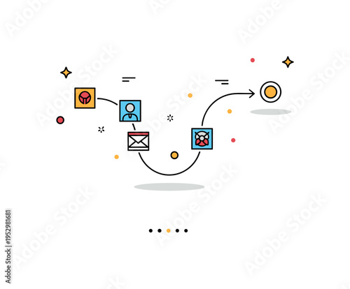 User journey visual storytelling concept illustrated by a curved path connecting small interface icons toward a highlighted destination point. The scene