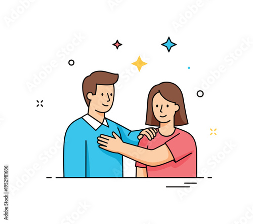 Supportive friendship moment featuring one figure gently placing a hand on another?s shoulder with subtle star accents above. The scene reflects reassurance,