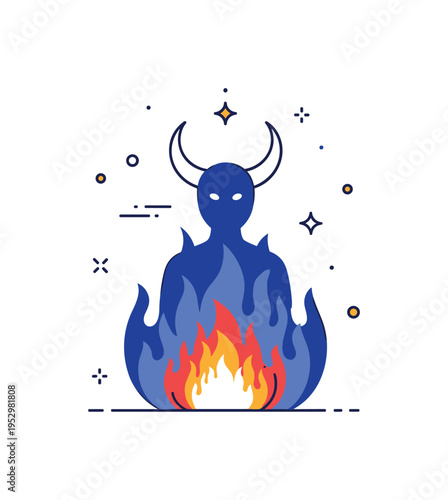 Shadow creature rising from flames concept featuring a stylized demonic figure with curved horns outlined against layered flame silhouettes. The scene conveys