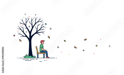 Loneliness after loss illustrated by a single figure sitting on a bench beneath a bare tree, expressing quiet emptiness and emotional distance in the absence