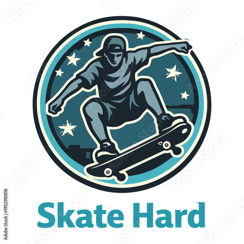 Dynamic and colorful logo design featuring a skateboarder performing a trick in midair surrounded by stars isolated illustration