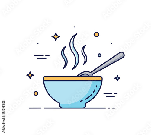 Hot soup serving scene featuring a simple bowl with a spoon resting on the side and soft steam curls above, symbolizing nourishment and relaxation. The