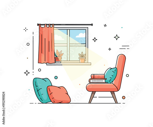 Cozy reading nook illuminated by sunlight filtering through a small window, with a chair and book icon receiving warm highlights, expressing calm and restful