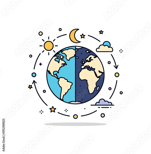 Day and night cycle concept centered on a globe divided into light and dark halves with a small sun and crescent moon accent, symbolizing Earth's rotation and