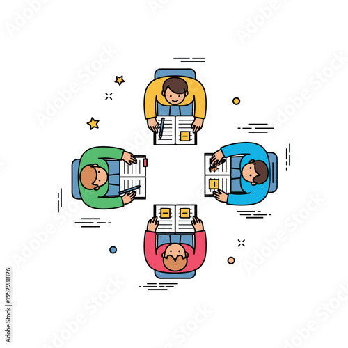 Collaborative learning circle featuring three or four classmates seated in a small circle with notebooks and highlighted pages, symbolizing teamwork and mutual