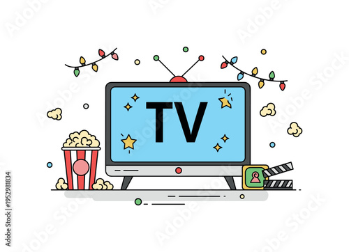 Holiday film countdown with a TV screen showing a bold number and small star accents around it, paired with popcorn and fairy light details. The composition