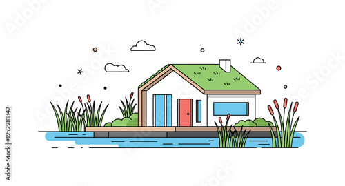Sustainable waterfront living compact eco house with green roof beside calm water and surrounding marsh plants, representing environmentally conscious design