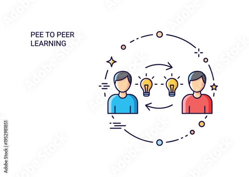 Peer to peer learning two simplified figures exchanging glowing idea symbols between them, illustrating equal knowledge sharing and collaborative growth in a