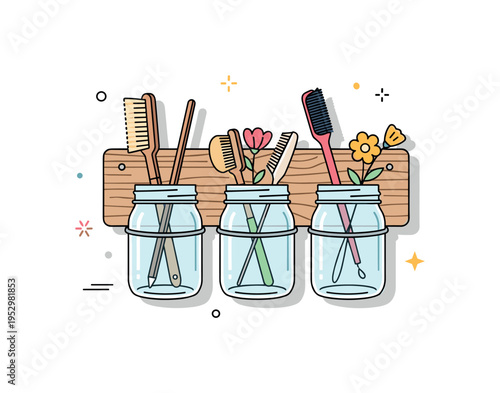 Mason jar wall organizer glass jars mounted on wooden board holding brushes and small flowers, expressing practical storage solutions with rustic flair.