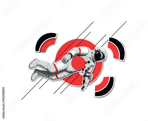 Black and white astronaut floating horizontally in zero gravity, bold red circle intersecting the torso symbolizing planetary body, thin black diagonal lines