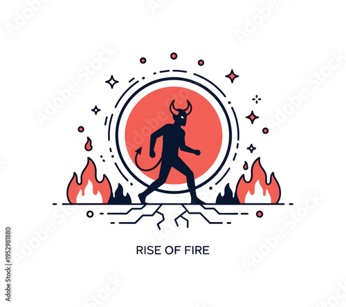 Demon emerging from a portal in a fiery wasteland dark fantasy scene illustrated by a horned silhouette stepping through a glowing circular portal set against