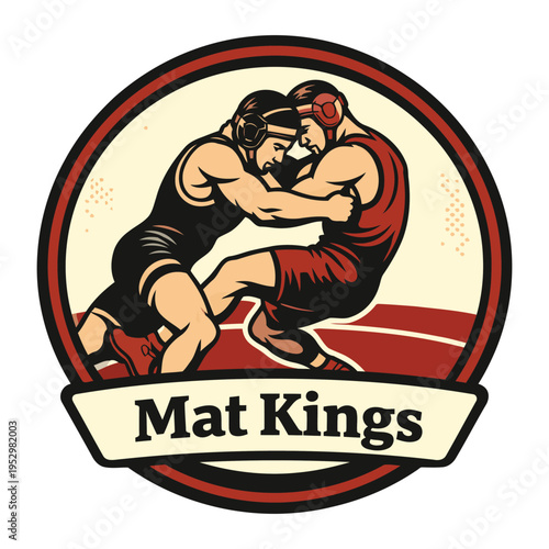 Dynamic illustration of two wrestlers competing in a match with intense action and focus on technique and strength