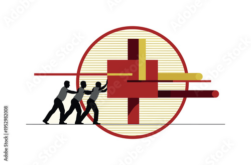 Monochrome side profile silhouettes of three people pushing a large abstract block together, high-contrast vintage texture, intersected by sharp geometric