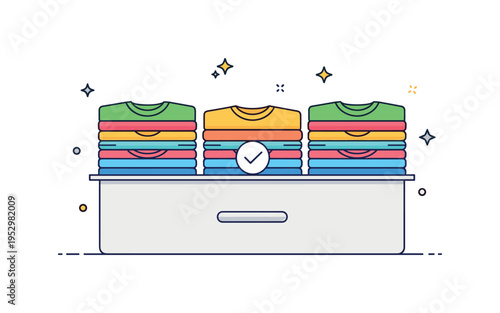 Drawer organization system featuring stacked T shirts arranged in even rows with a subtle check mark accent, conveying efficiency, simplicity, and clutter free