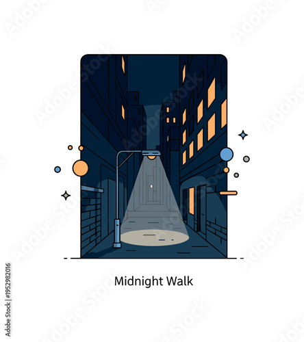 Dark alley moody urban night scene illustrated by a narrow passage between tall buildings with a single glowing street lamp casting a soft circular light on