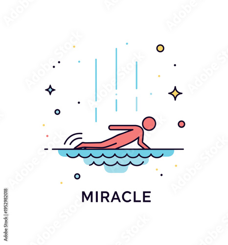 Miracle concept scene simplified human silhouette gliding over a calm sea surface with gentle light rays descending from above, conveying transcendence and