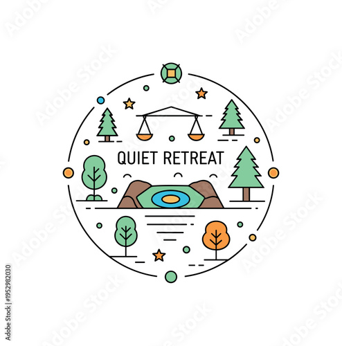 Quiet retreat concept badge stylized clearing framed by tree icons inside a circular outline, capturing serenity, balance, and mindful outdoor experience.