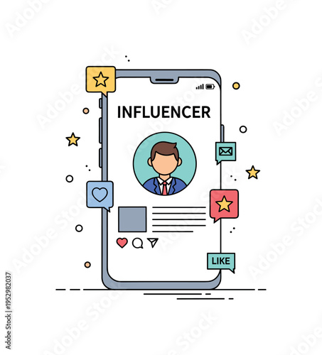 Influencer magazine feature presenting a smartphone screen styled as a magazine cover with a central personality silhouette and subtle like icons, symbolizing