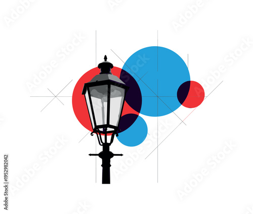 Black and white vintage streetlamp sharply defined in foreground, bright blue and red circular shapes fading behind in layered transparency effect, geometric