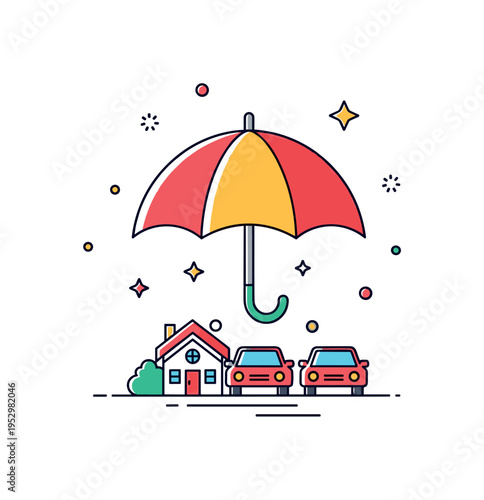 Insurance protection concept umbrella hovering above small house and car icons, symbolizing coverage, safety and financial security. Minimalist flat vector